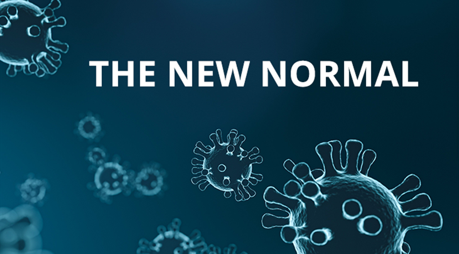 Virusceller i blå nuancer med påskriften 'The New Normal'.
